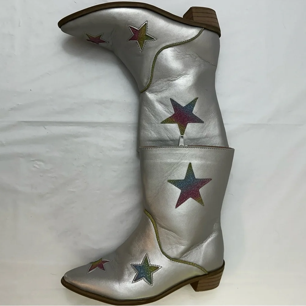 Lola‎ + The Boys Kids Silver Metallic Rainbow Glitter Star Cowboy Boots Size 31